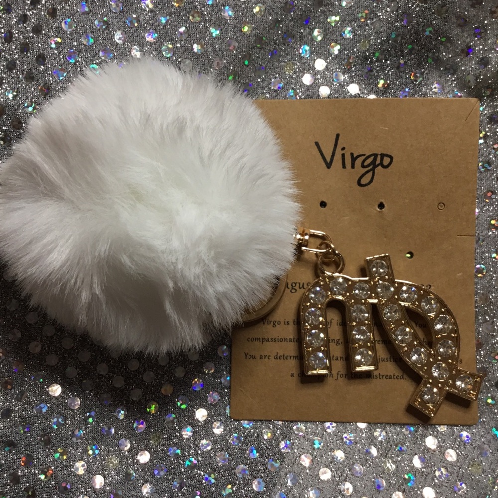 White Pom Pom with  Gold Sparkling Virgo Charm